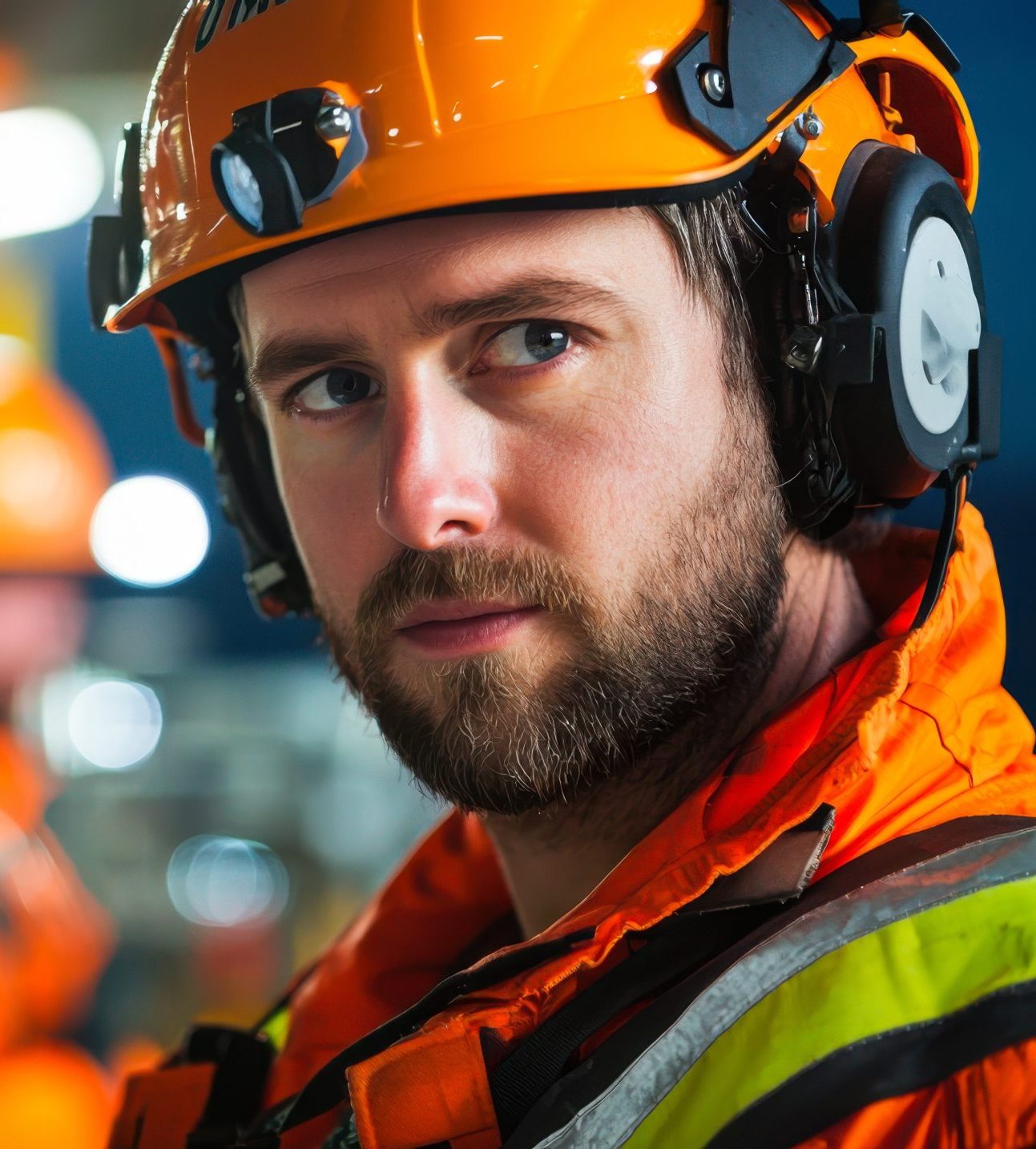 Offshore technician in safety gear, focused on operations with colleagues. environment is industrial, highlighting teamwork and safety in challenging setting