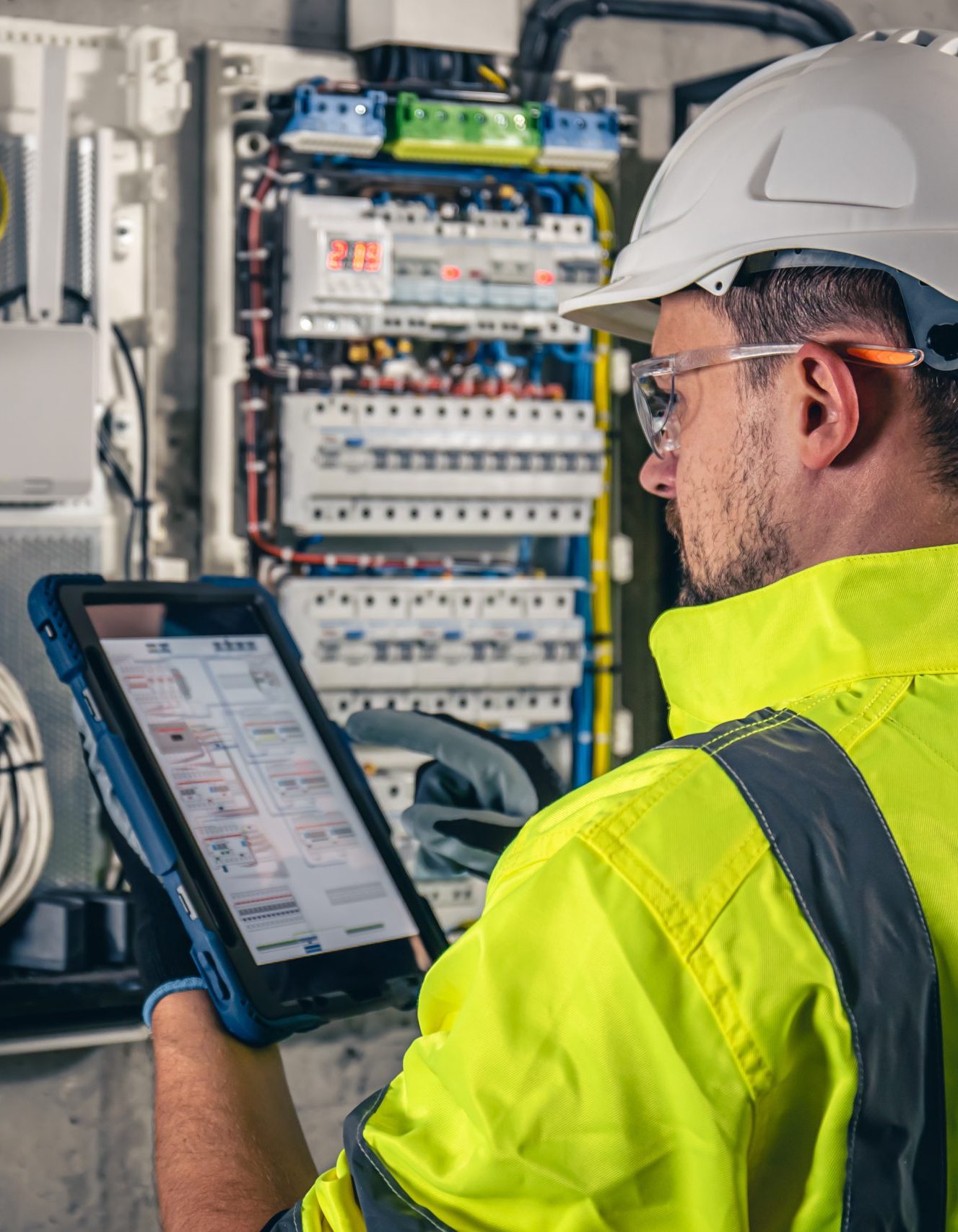 Man, an electrical technician working in a switchboard with fuses, uses a tablet.
